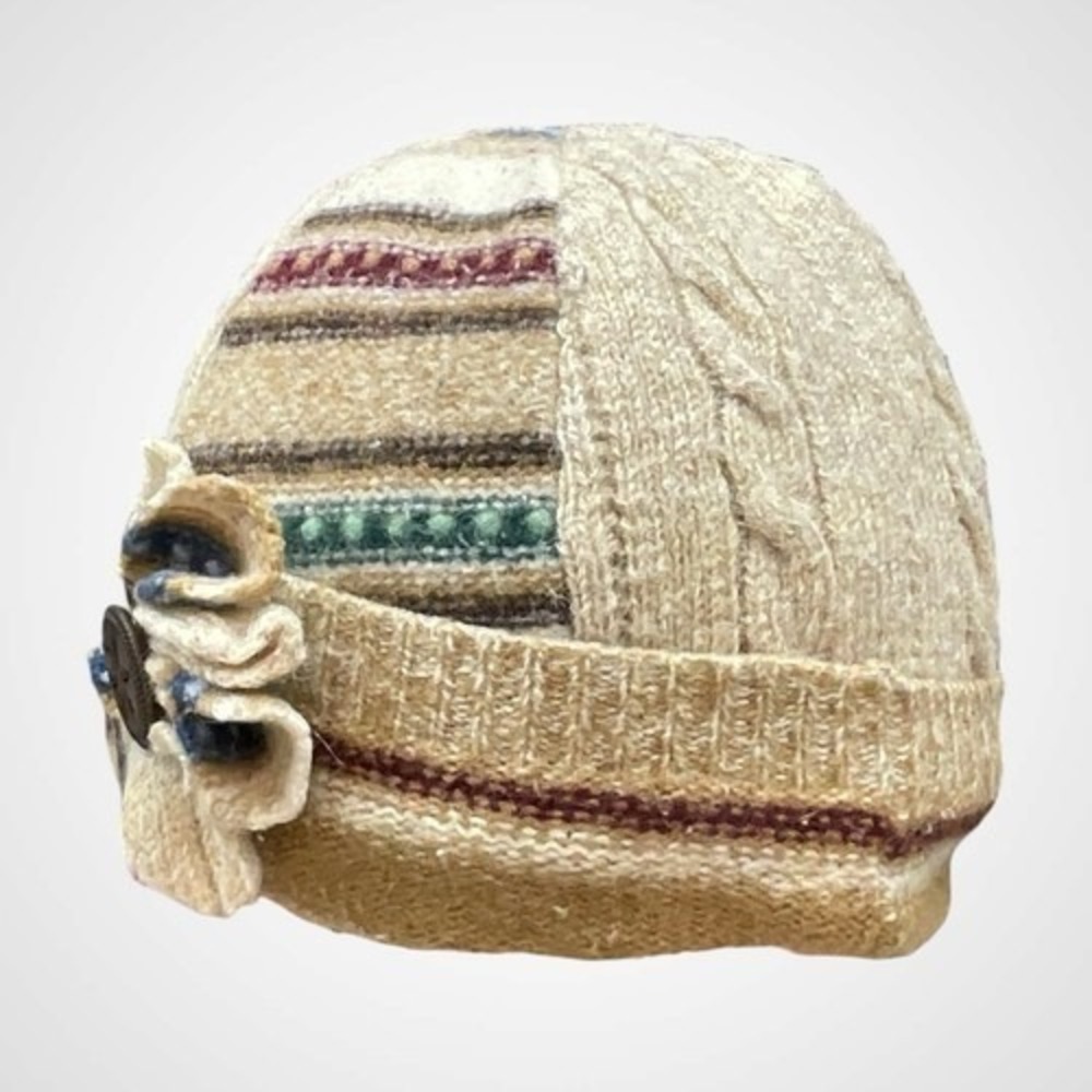 Wiki Wool Works Walking Hat Patch Work Beanie Beige Recycled Wool Women One Size